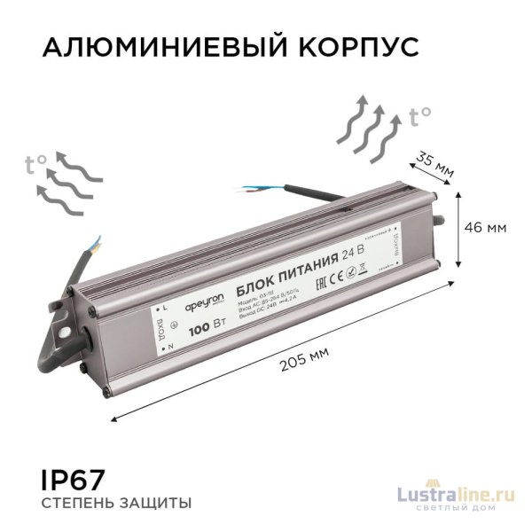 Блок питания Apeyron 24В 100Вт импульсный IP67 175-265В 4,2А 03-113