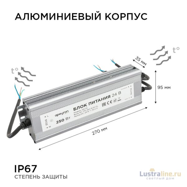 Блок питания Apeyron 24В 250Вт импульсный IP67 175-265В 10,4А 03-115