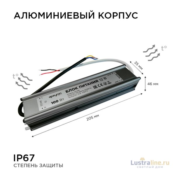Блок питания Apeyron 12В (СТ) 100Вт импульсный IP67 170-264В 8,33А 03-106