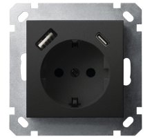 Розетка SHUKO Jasmart с USB тип USB A-C с защитными шторками черный матовый (soft touch) 25W 16A 250V 2P+T G5501USB-25PB