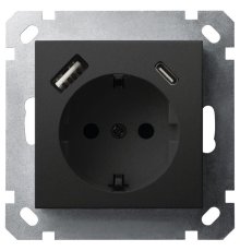 Розетка SHUKO Jasmart с USB тип USB A-C с защитными шторками черный матовый (soft touch) 25W 16A 250V 2P+T G5501USB-25PB