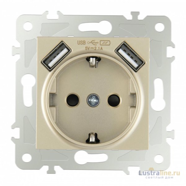 Розетка с заземлением, шторками + USB Arte Milano 203.47-1.shampan