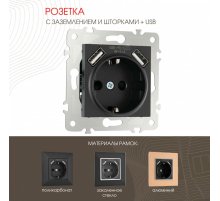Розетка с заземлением, шторками + USB Arte Milano 203.47-1.black
