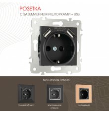 Розетка с заземлением, шторками + USB Arte Milano 203.47-1.black