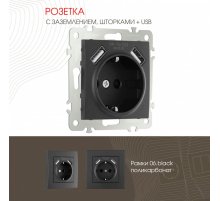 Розетка с заземлением, шторками + 2 USB Arte Milano 206.47-1.black