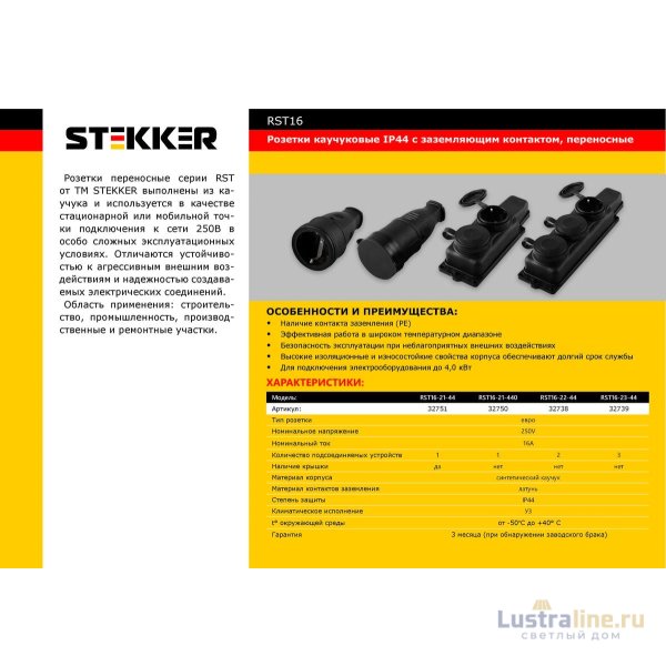 Розетка переносная 1-местная Stekker с крышкой 32751