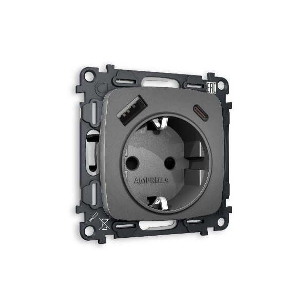 Комплект механизма розетки 2USB A+C 20W (быстрая зарядка) с/з Ambrella Volt Omega MO660010