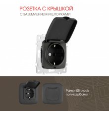 Розетка с заземлением, шторками и защитной крышкой Arte Milano 205.41-1.black