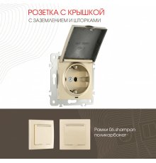 Розетка с заземлением, шторками и защитной крышкой Arte Milano 206.41-1.shampan