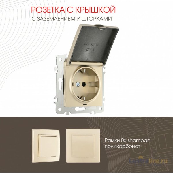 Розетка с заземлением, шторками и защитной крышкой Arte Milano 206.41-1.shampan