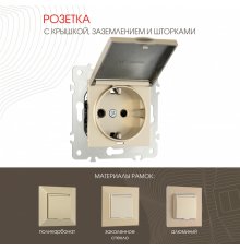 Розетка с заземлением, шторками и защитной крышкой Arte Milano 203.41-1.shampan