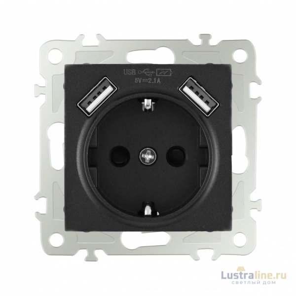 Розетка с заземлением, шторками + 2 USB Arte Milano 206.47-1.black