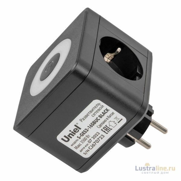 Разветвитель сетевой с выключателем Uniel S-GES2-16SBUC BLACK UL-00011246