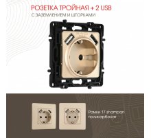 Розетка с заземлением, шторками + 2 USB Arte Milano 217.47-1.shampan