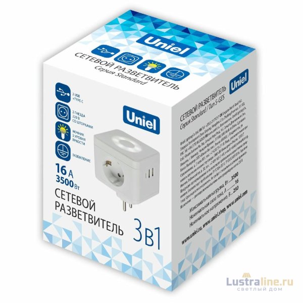 Разветвитель сетевой с выключателем Uniel S-GES2-16SBUC WHITE UL-00011245