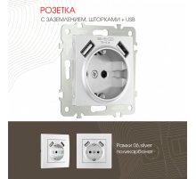Розетка с заземлением, шторками + 2 USB Arte Milano 206.47-1.silver