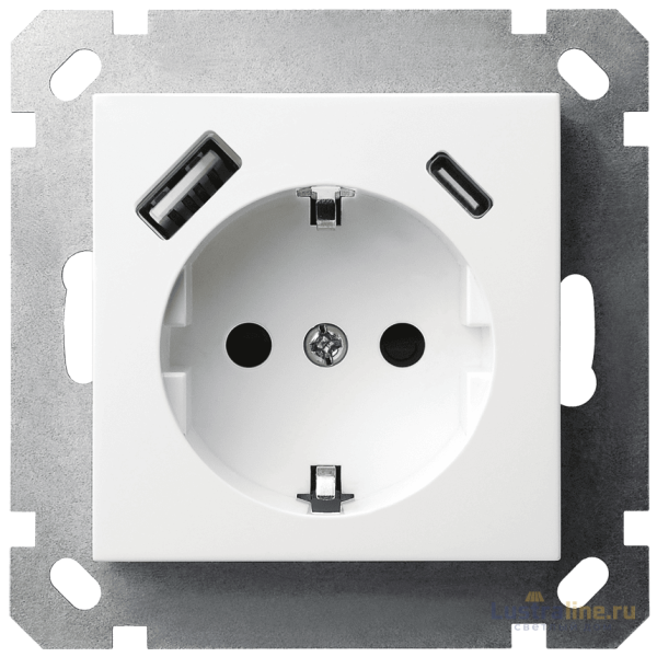 Розетка SHUKO Jasmart с USB тип A-C с защитными шторками 25W 16A 250V 2P+T белый глянцевый G5501USB-25W