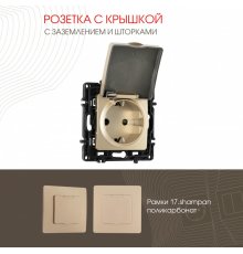 Розетка с заземлением, шторками и защитной крышкой Arte Milano 217.41-1.shampan