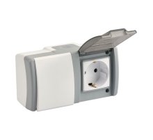 Выключатель одноклавишный + розетка с заземлением Mono Electric Octans IP54 10А 250В бело-серый 154-020001-180