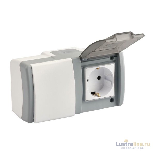 Выключатель одноклавишный + розетка с заземлением Mono Electric Octans IP54 10А 250В бело-серый 154-020001-180
