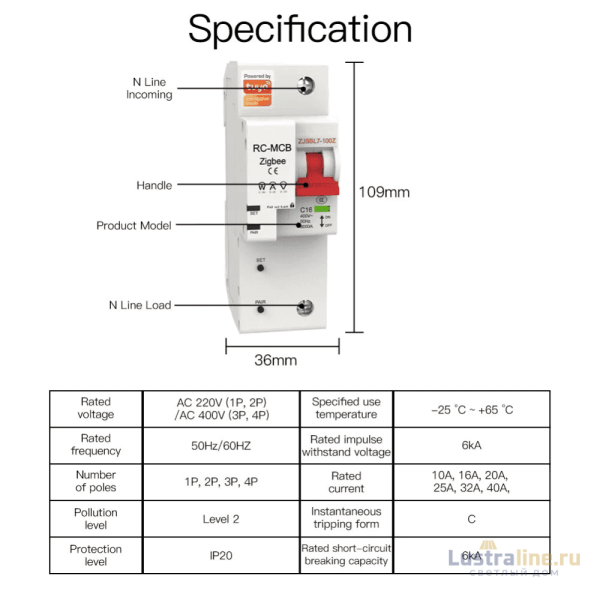 Выключатель Moes Zigbee circuit breaker 1P 16A ZCB-SC-1P16