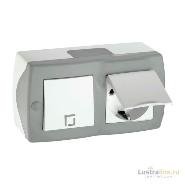 Выключатель одноклавишный + розетка с заземлением и крышкой Mono Electric Octans IP20 10А 250В бело-серый 104-020001-183