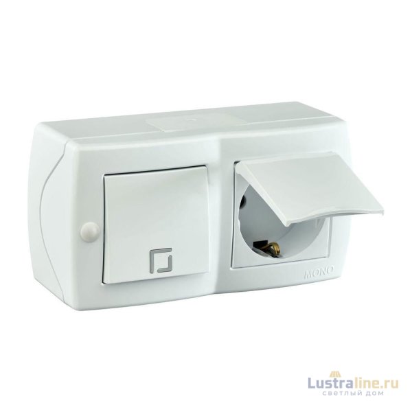 Выключатель одноклавишный + розетка с заземлением и крышкой Mono Electric Octans IP20 10А 250В белый 104-010101-183
