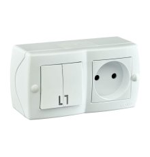 Выключатель двухклавишный + розетка без заземления Mono Electric Octans IP20 10А 250В белый 104-010101-182