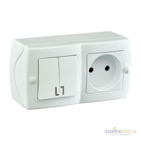 Выключатель двухклавишный + розетка без заземления Mono Electric Octans IP20 10А 250В белый 104-010101-182