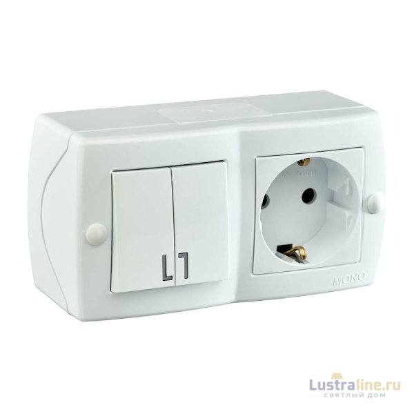 Выключатель двухклавишная + розетка с заземлением Mono Electric Octans IP20 10А 250В белый 104-010101-181