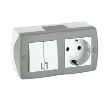 Выключатель двухклавишный + розетка с заземлением Mono Electric Octans IP20 10А 250В бело-серый 104-020001-181