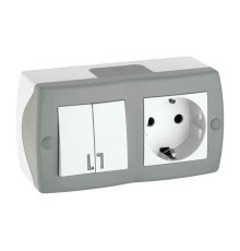 Выключатель двухклавишный + розетка с заземлением Mono Electric Octans IP20 10А 250В бело-серый 104-020001-181