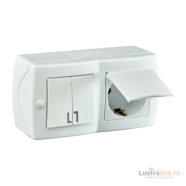 Выключатель двухклавишный + розетка с заземлением и крышкой Mono Electric Octans IP20 10А 250В белый 104-010101-187