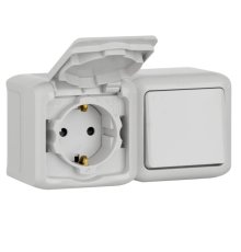 Блок выключатель одноклавишный и розетка 2К+З Legrand Quteo 16A 250V с/з со шторками крышкой IP44 серый 782348