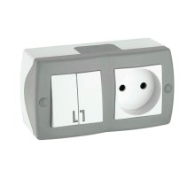 Выключатель двухклавишный + розетка без заземления Mono Electric Octans IP20 10А 250В бело-серый 104-020001-182