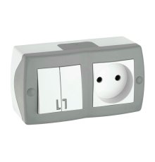 Выключатель двухклавишный + розетка без заземления Mono Electric Octans IP20 10А 250В бело-серый 104-020001-182