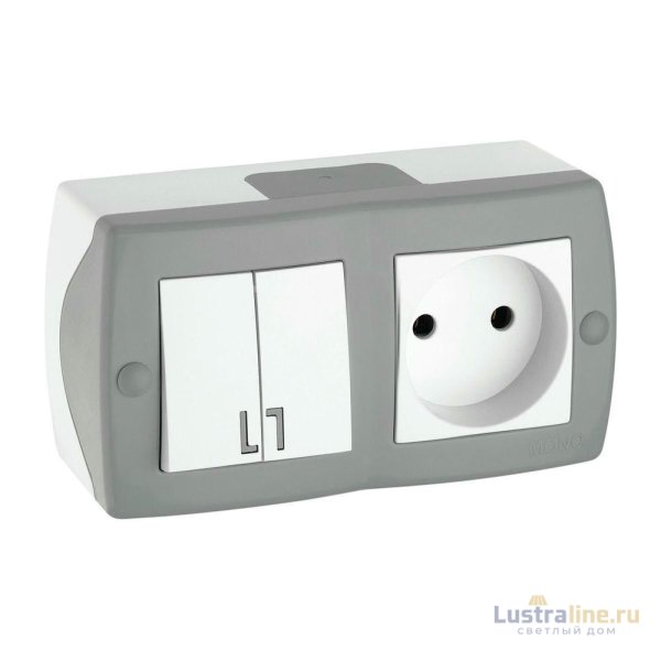 Выключатель двухклавишный + розетка без заземления Mono Electric Octans IP20 10А 250В бело-серый 104-020001-182