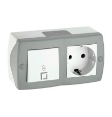 Выключатель одноклавишный проходной + розетка с заземлением Mono Electric Octans IP20 10А 250В бело-серый 104-020001-186