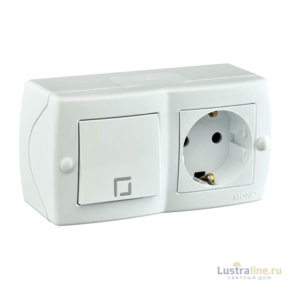 Выключатель одноклавишный + розетка с заземлением Mono Electric Octans IP20 10А 250В белый 104-010101-180