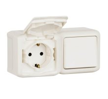 Блок выключатель одноклавишный и розетка 2К+З Legrand Quteo 16A 250V с/з со шторками крышкой IP44 белый 782318