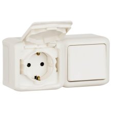 Блок выключатель одноклавишный и розетка 2К+З Legrand Quteo 16A 250V с/з со шторками крышкой IP44 белый 782318