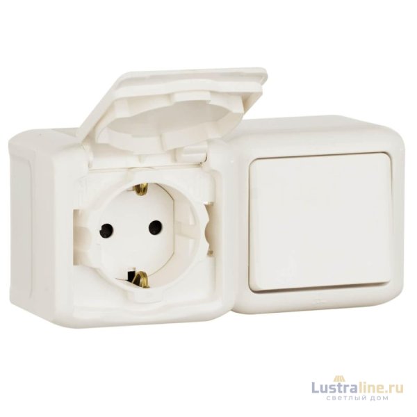 Блок выключатель одноклавишный и розетка 2К+З Legrand Quteo 16A 250V с/з со шторками крышкой IP44 белый 782318