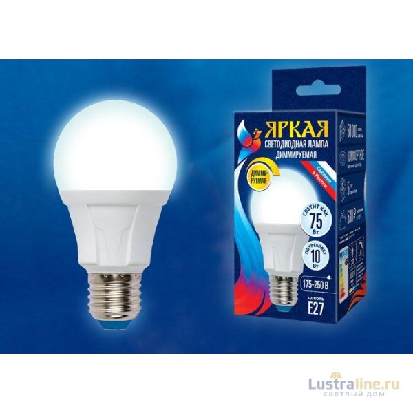 Лампа светодиодная диммируемая (UL-00004285) Uniel E27 10W 6500K матовая LED-A60 10W/6500K/E27/FR/DIM PLP01WH Лампа светодиодная диммируемая (UL-00004285) Uniel E27 10W 6500K матовая LED-A60 10W/6500K/E27/FR/DIM PLP01WH