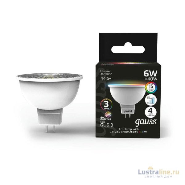 Лампа светодиодная диммируемая Gauss GU5.3 6W RGBW рефлектор матовый 101105406 Лампа светодиодная диммируемая Gauss GU5.3 6W RGBW рефлектор матовый 101105406