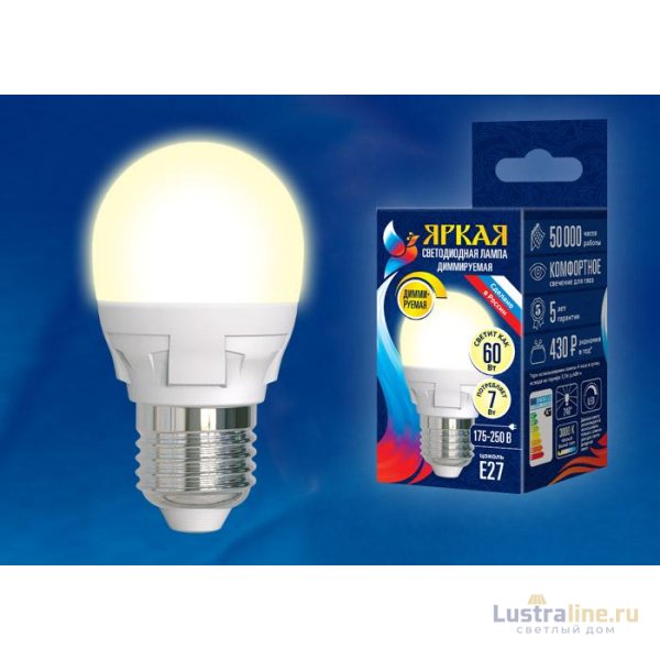 Лампа светодиодная диммируемая (UL-00004302) Uniel E14 7W 3000K матовая LED-G45 7W/3000K/E14/FR/DIM PLP01WH
