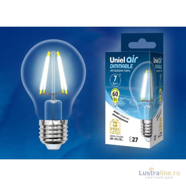 Лампа светодиодная филаментная (UL-00002874) Uniel E27 7W 4000K LED-A60-7W/NW/E27/CL/DIM GLA01TR