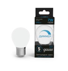 Лампа светодиодная диммируемая Gauss E27 7W 6500K шар матовый 105102307-D