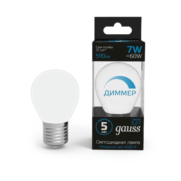 Лампа светодиодная диммируемая Gauss E27 7W 6500K шар матовый 105102307-D