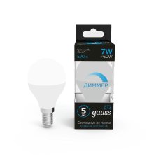 Лампа светодиодная диммируемая Gauss E14 7W 6500K шар матовый 105101307-D
