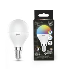 Лампа светодиодная диммируемая Gauss E14 6W RGBW груша матовая 105101406